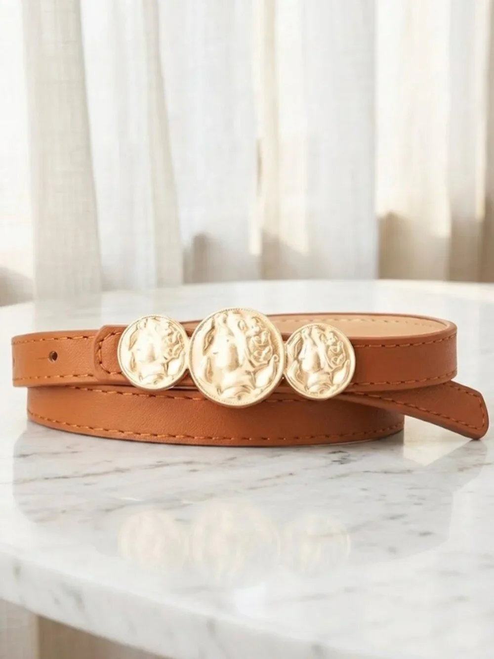 Ladies Fashionable Coin Brown Skinny Belt